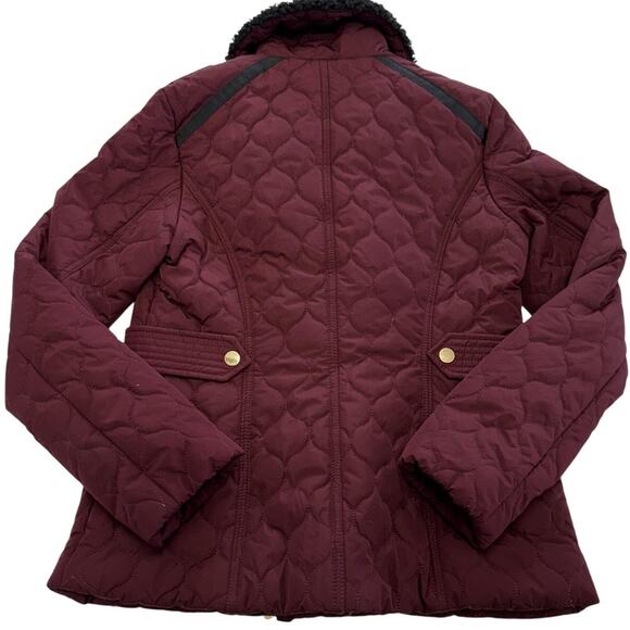 Guess Jacket Womens Small Burgundy Quilted Sherpa Collar Moto Asym Gold Zips - Picture 2 of 9